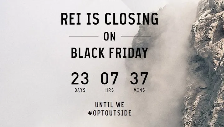 REI #OptOutside landing page showing a countdown to Black Friday/OptOutside Day, encouraging customers to enjoy the outdoors while subtly creating urgency to shop before the day.