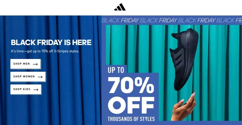 Adidas Black Friday landing page showing three clear CTAs directing shoppers to Men’s, Women’s, and Kids’ collections.
