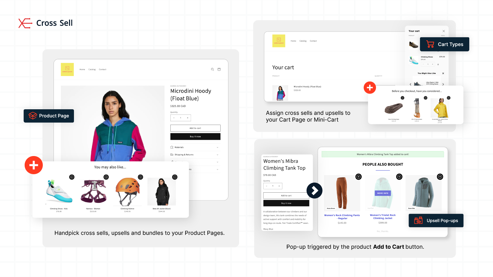 Example of Cross Sell app on Shopify store showing handpicked product page recommendations, cart page cross-sells, and upsell pop-ups triggered by the Add to Cart button, helping merchants increase sales with personalized suggestions