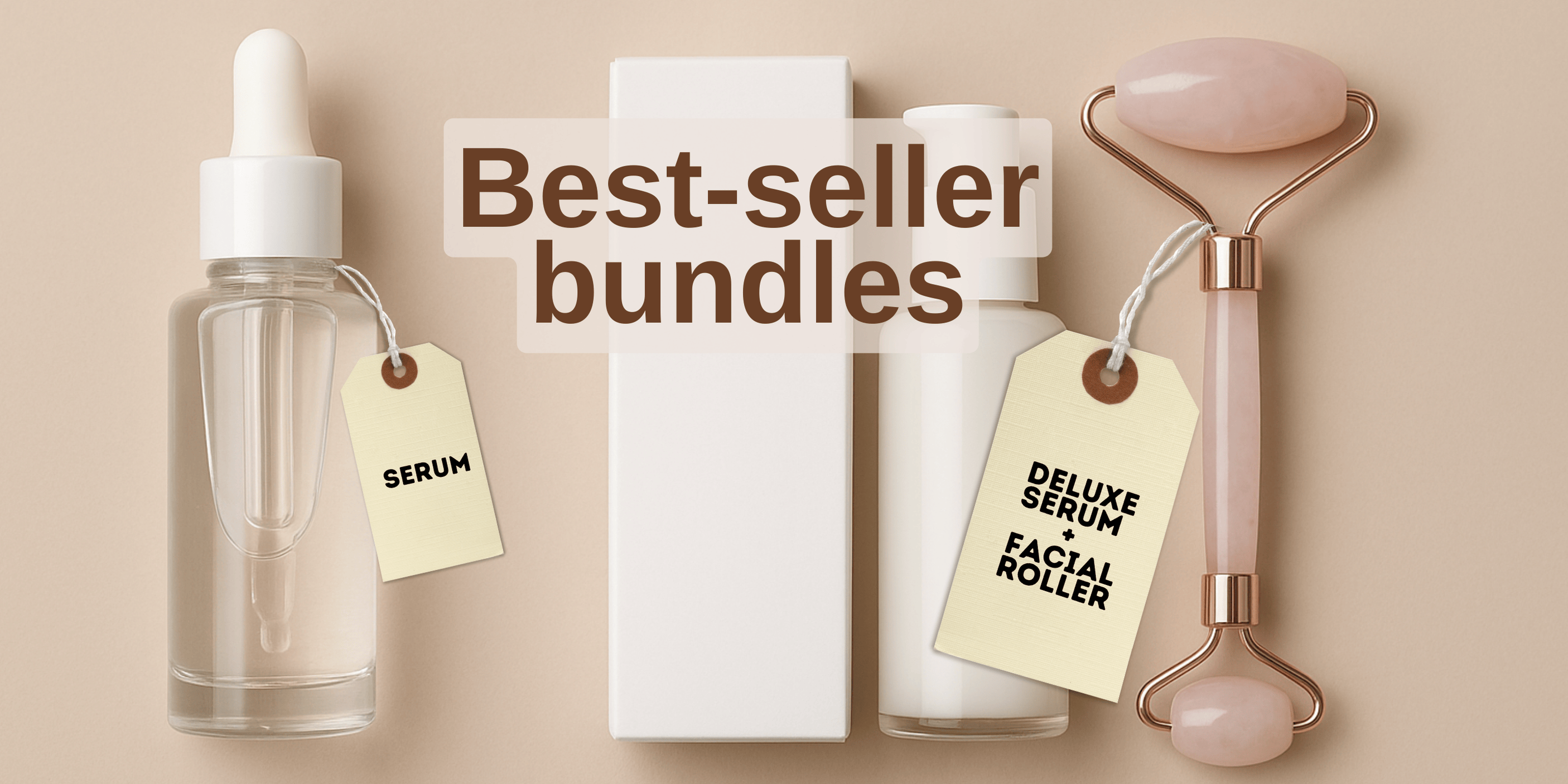 Flat lay of a clear skincare serum bottle, a deluxe skincare pump bottle with packaging, and a rose quartz facial roller on a neutral beige background demonstrating a bundle upsell strategy.