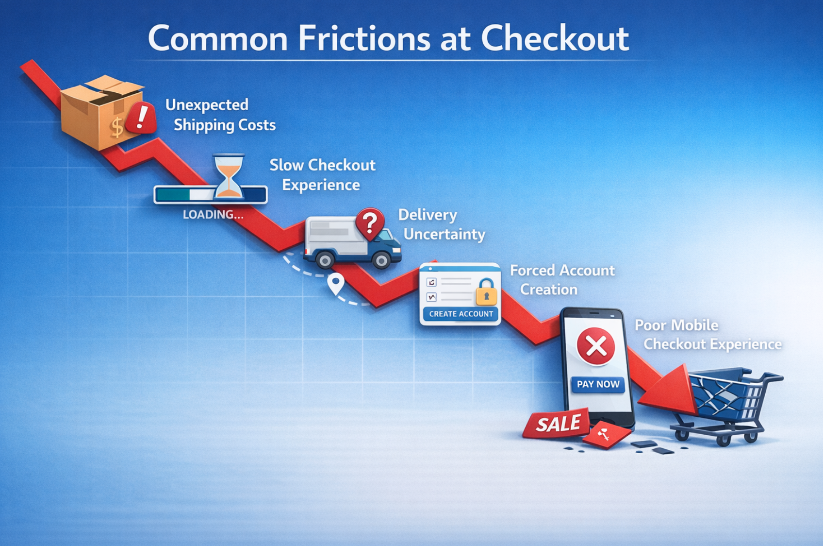 Infographic titled “Common Frictions at Checkout” showing a downward red arrow highlighting checkout problems: unexpected shipping costs, slow checkout experience, delivery uncertainty, forced account creation, and poor mobile checkout experience, ending with a broken shopping cart and shattered sale tag symbolizing lost conversions.