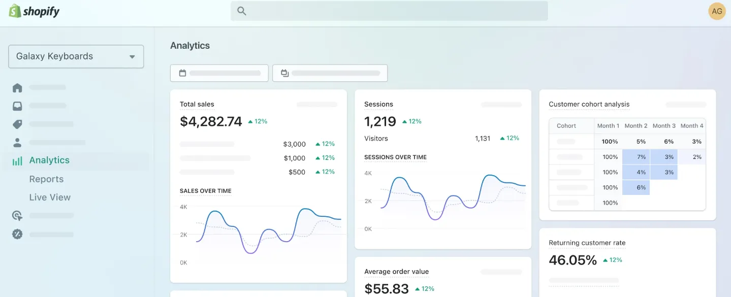 Shopify store analytics dashboard showing real-time financial reports for fast and accurate decision making.