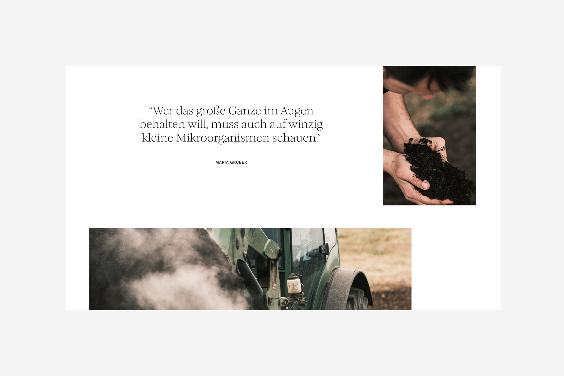 Detail of the philosophy page of the website showing a quote and emotional photography of workers preparing the soil in the start of the year