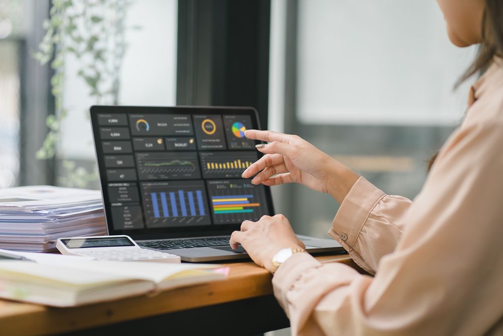 Analyst reviewing a business data dashboard on a computer