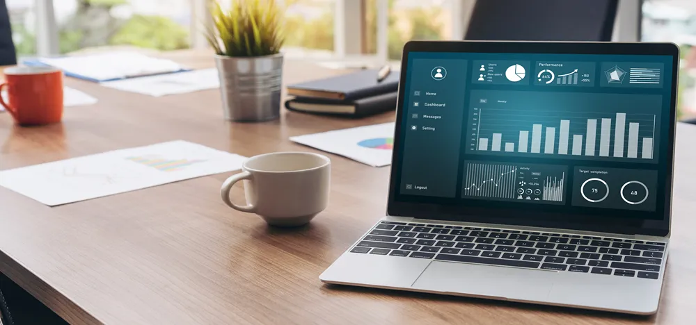 Market intelligence dashboard with charts on a computer screen