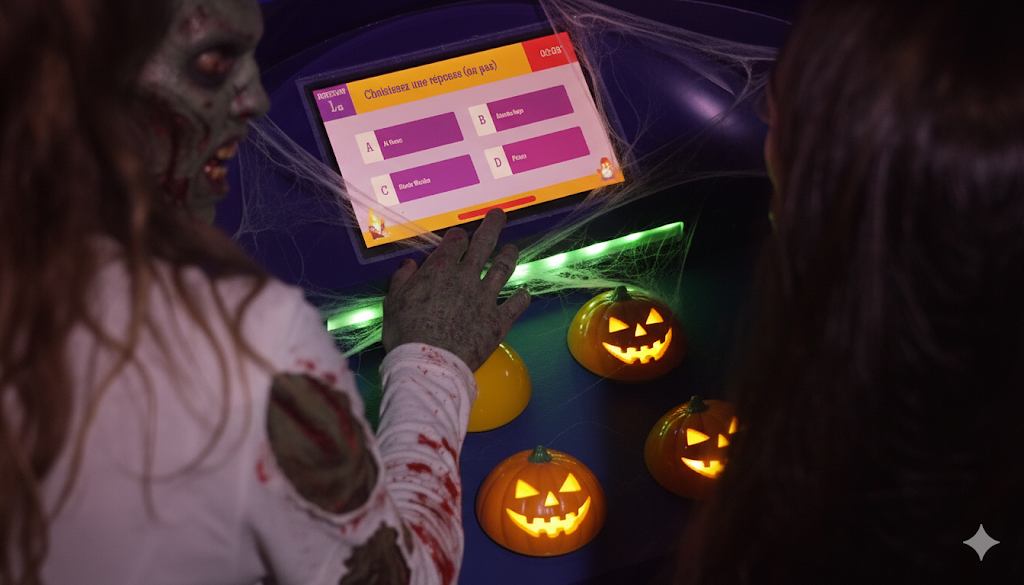 Buzzer et jokers du Quiz Épouvante spécial Halloween chez Quiz Room Amiens.