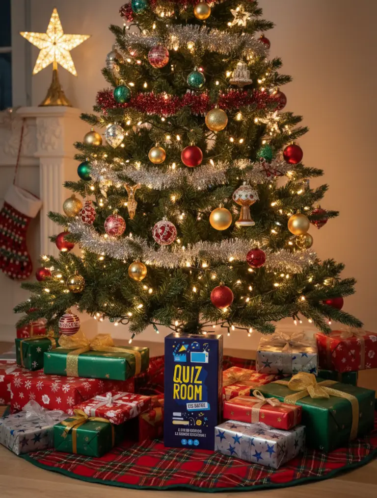 Sapin avec cadeau quiz room en boite jeu de société