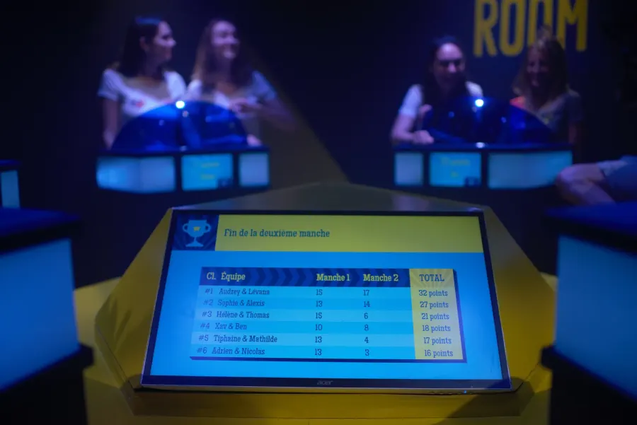 Groupe excité appuyant sur buzzers lors d'une partie quiz