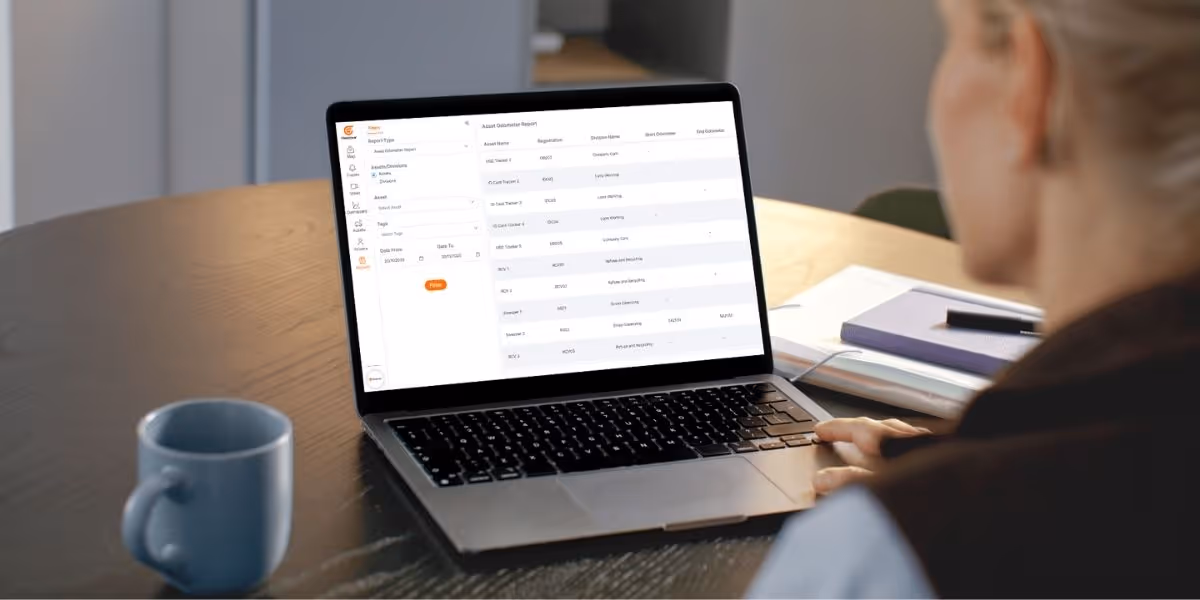 Grid of Fleetclear Connect pre-configured report icons, including Asset Odometer Report, Carbon Report, DVR Health Report, Driving Time/Vehicle Usage Time Report, Eco Score Report, Event Report, Fuel Report and Geo-fence Entry/Exit Report.