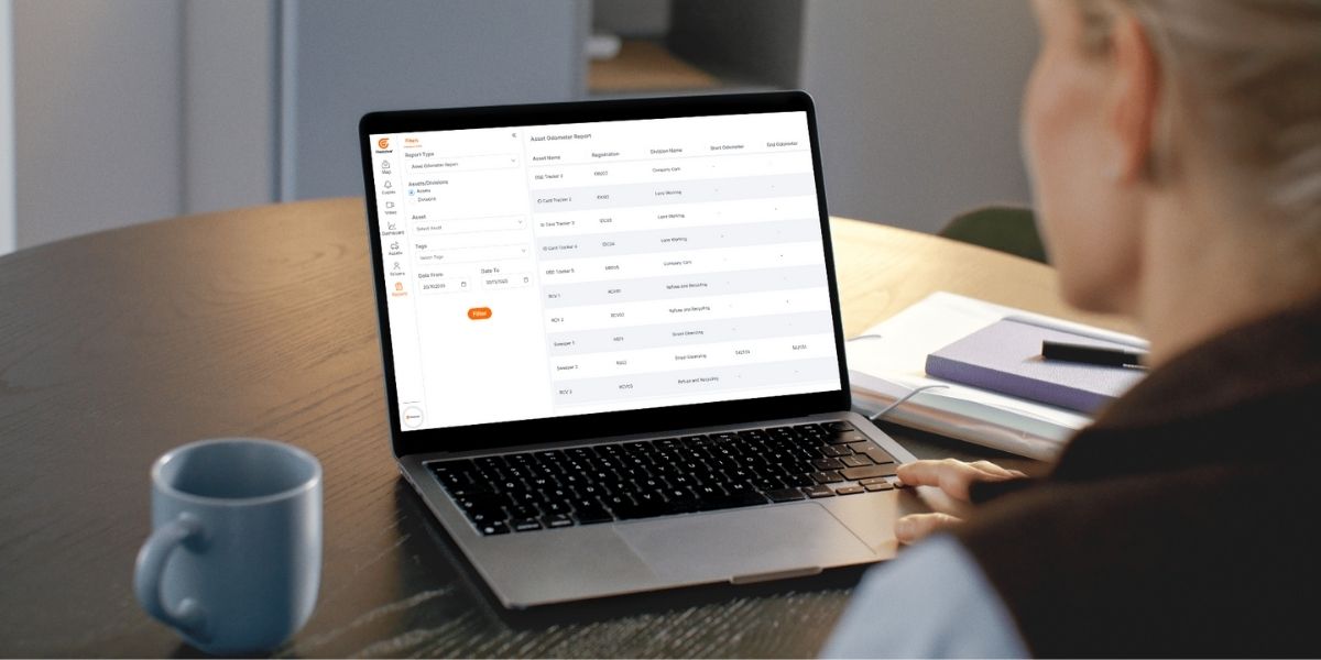 Grid of Fleetclear Connect pre-configured report icons, including Asset Odometer Report, Carbon Report, DVR Health Report, Driving Time/Vehicle Usage Time Report, Eco Score Report, Event Report, Fuel Report and Geo-fence Entry/Exit Report.