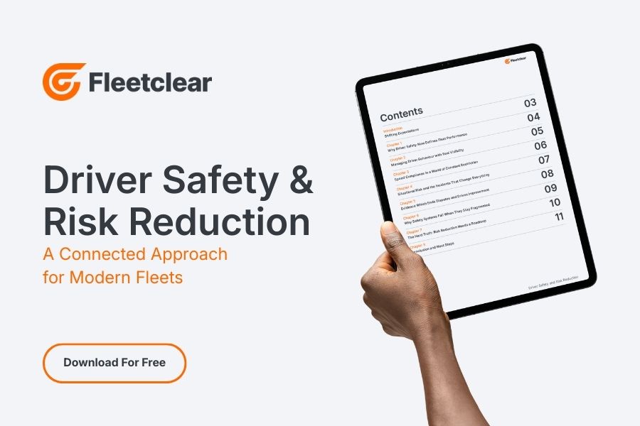 Tablet displaying Fleetclear Driver Safety and Risk Reduction eBook focused on improving driver behaviour, compliance and fleet safety through connected technology.