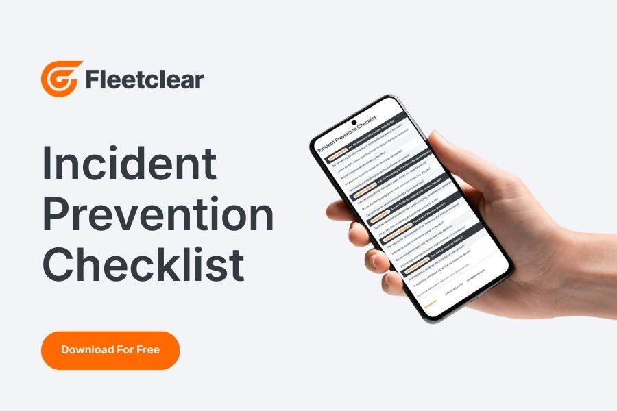 Hand holding smartphone displaying Fleetclear Incident Prevention Checklist for improving driver safety, compliance and fleet risk management.