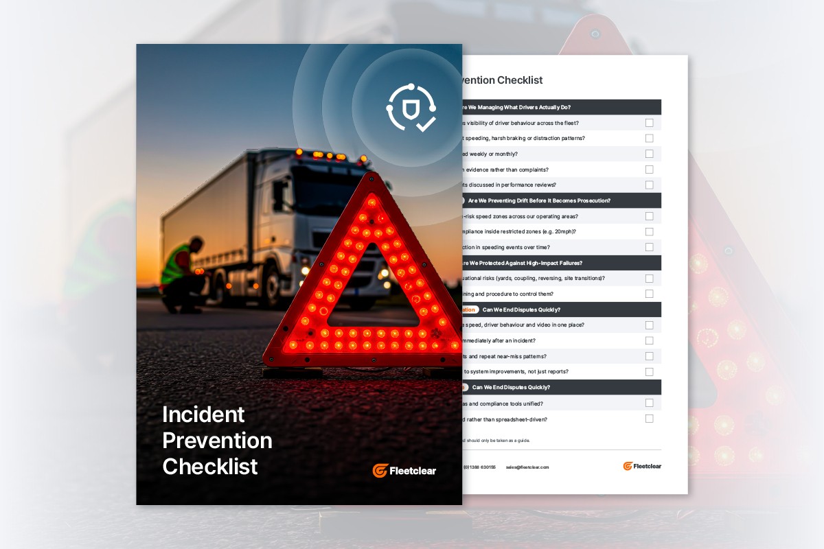 Hand holding smartphone displaying Fleetclear Incident Prevention Checklist for improving driver safety, compliance and fleet risk management.