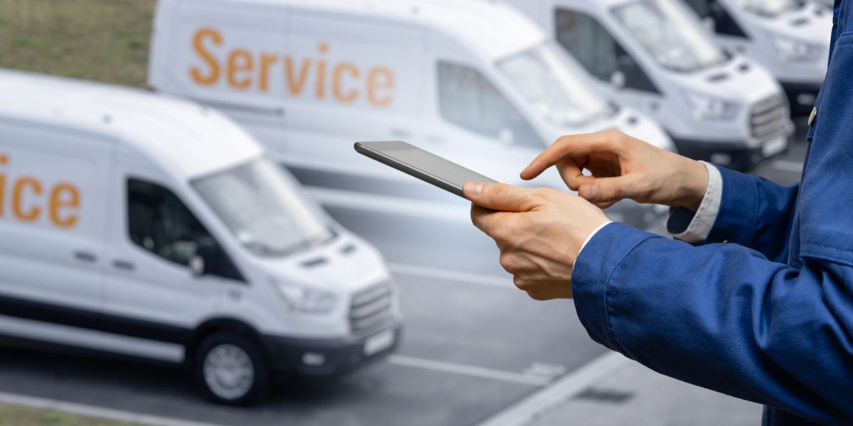 Man on tablet infront of fleet of vans
