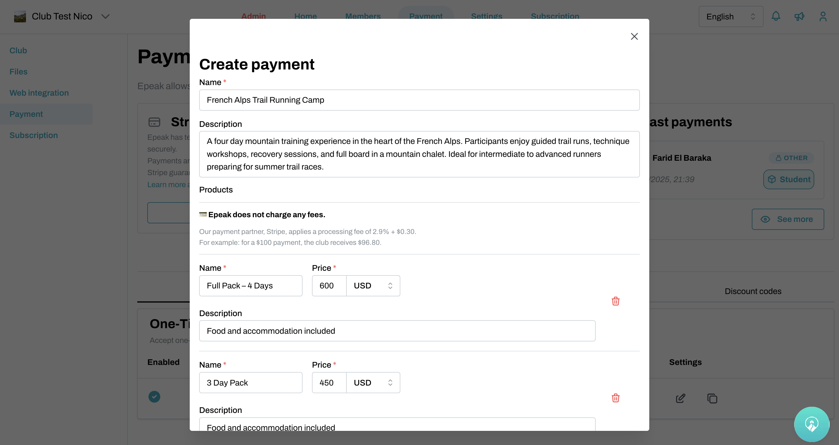 Create Payments Epeak App