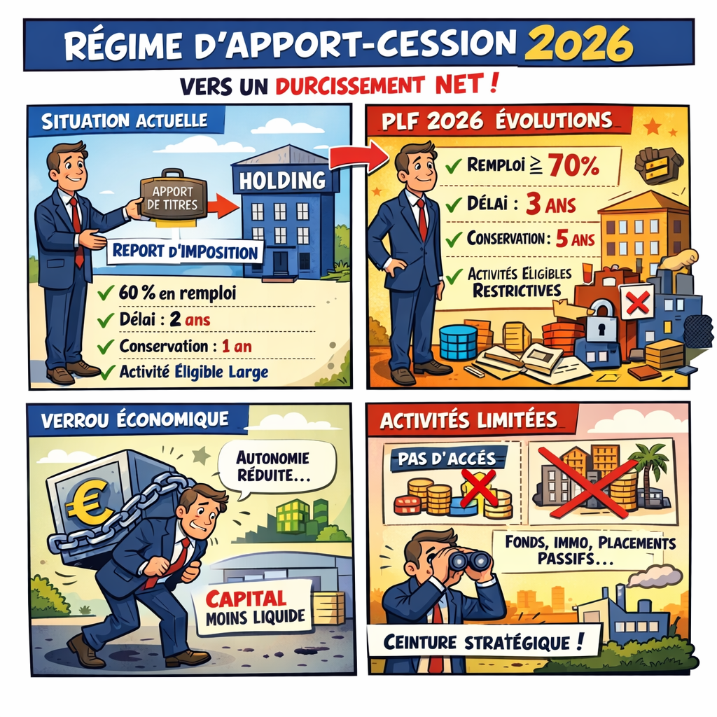 Holding / Apport-cession : le report d’imposition se durcit nettement en 2026