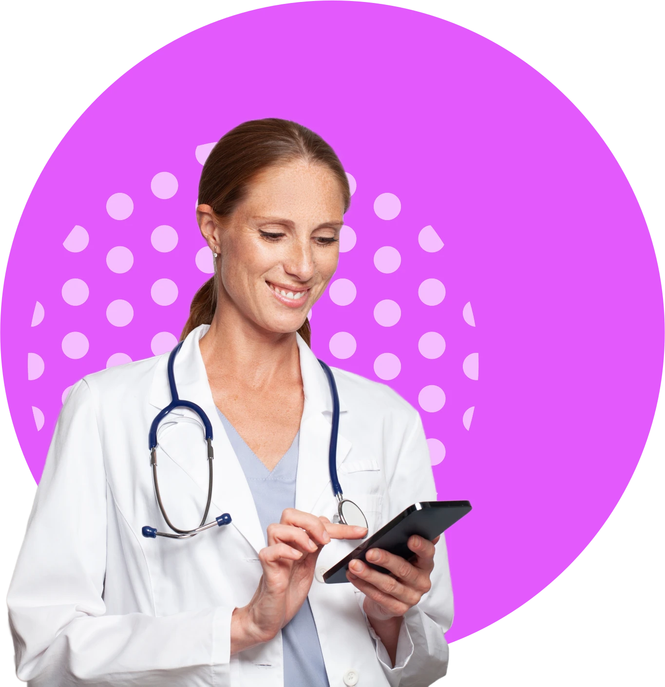 Doctor using a mobile device on a pink circle background
