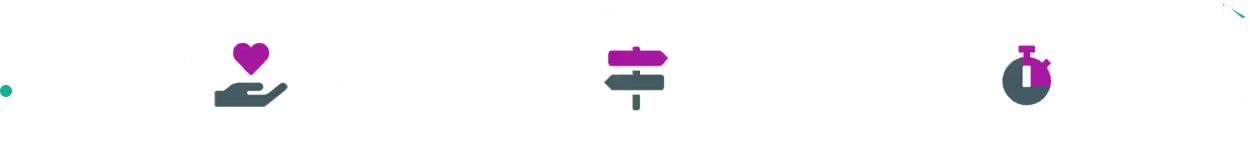 3 circles with love, direction and time icons