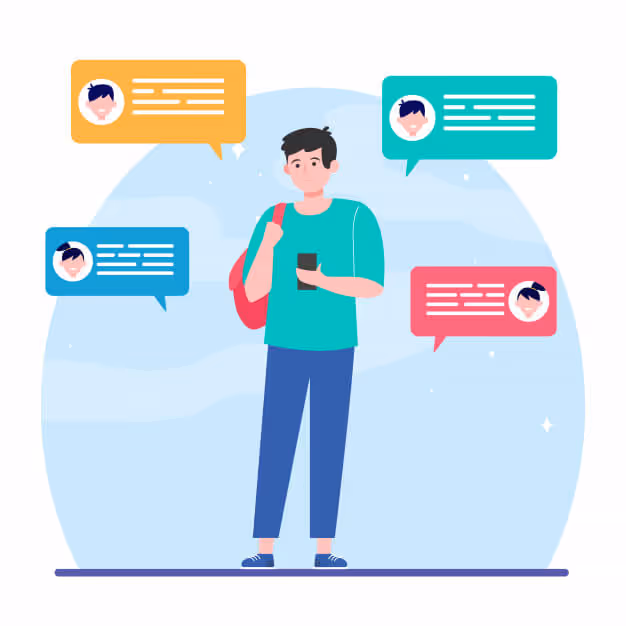Cartoon man texting with images of text
