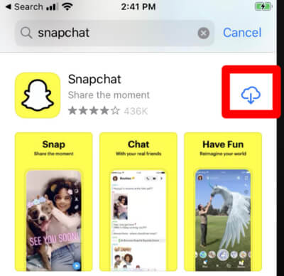 Snapchat in the Apple App Store showing download Cloud 