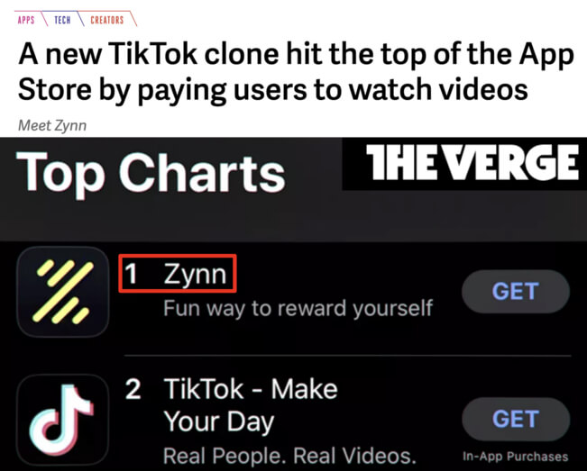The Verge headline: A new TikTok clone hit the top of the App Store by paying users to watch videos