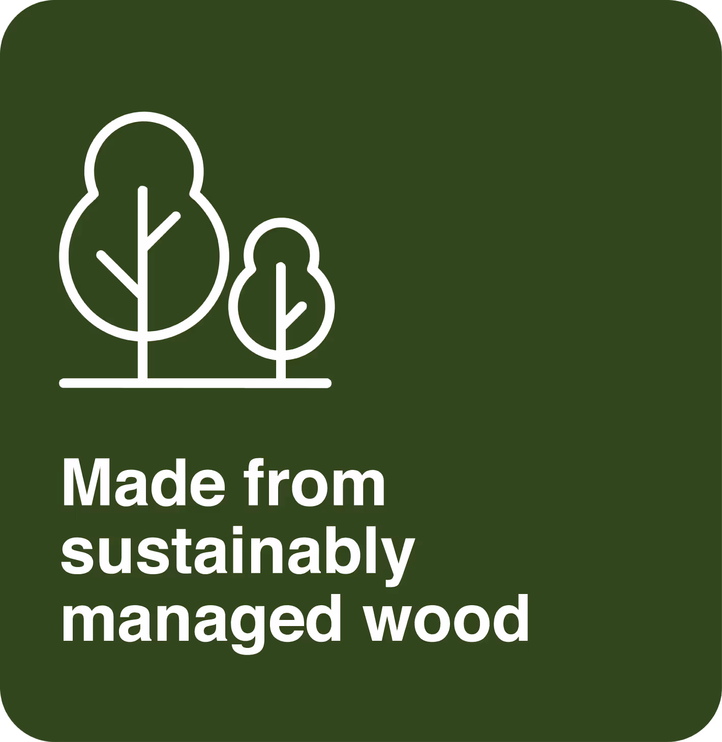 Dos árboles blancos estilizados con texto que indica que el producto está hecho de madera gestionada de manera sostenible sobre fondo verde.