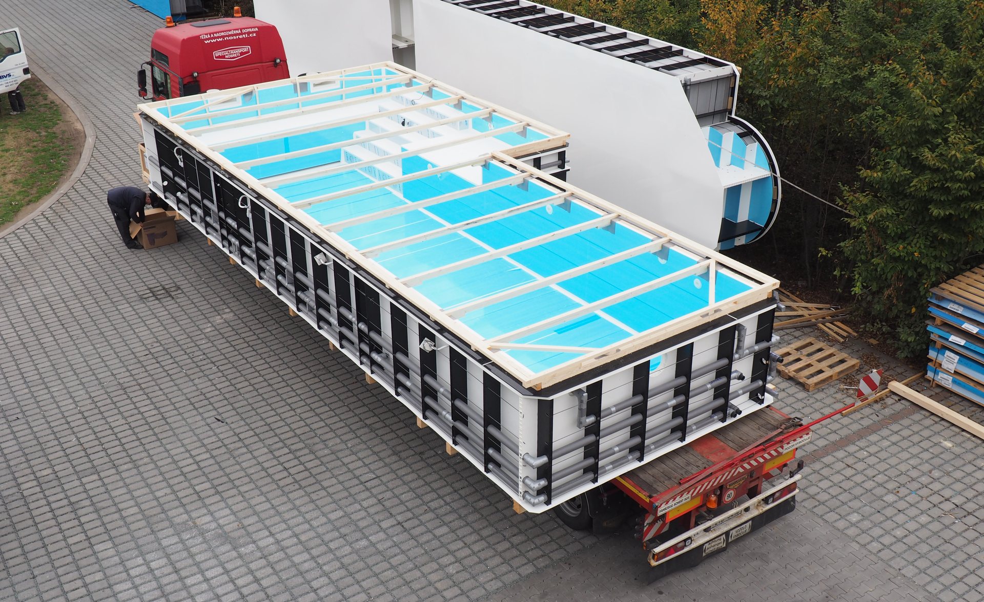 One-piece pool on a trailer ready for delivery
