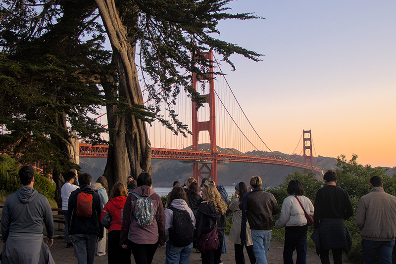 A class of Minervan students next to a tree looking at the Golden Gate bridge.