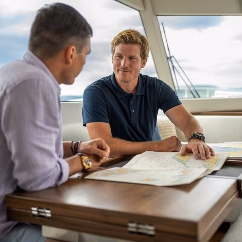Two men sitting at a table on a boat, looking at nautical charts while discussing.