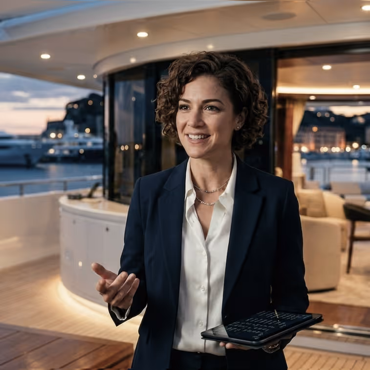 Smiling woman with short curly hair holds a tablet and gestures while standing on a yacht at sunset.