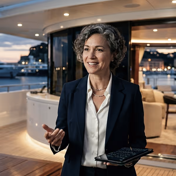 Smiling woman with short curly hair holds a tablet and gestures while standing on a yacht at sunset.