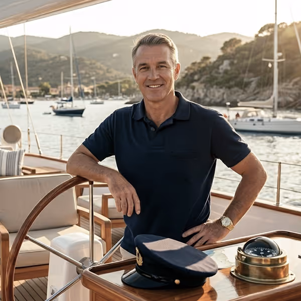 Smiling middle-aged man steering yacht with captain's hat and compass on wooden deck, sailboats in background.