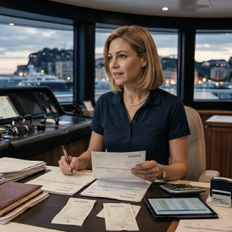 Woman with blonde hair reviewing invoices and writing at a desk inside a yacht cabin.