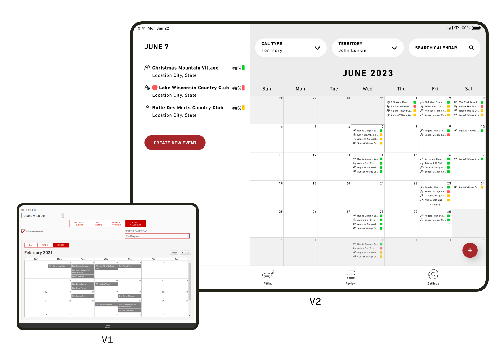 comparison of old vs new design for calendar functionality in the app