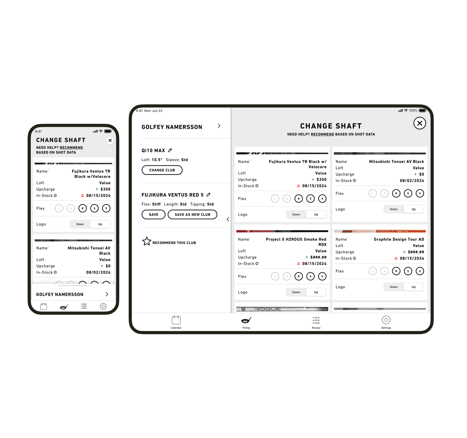 design of component change UI with the most popular shafts first in the list