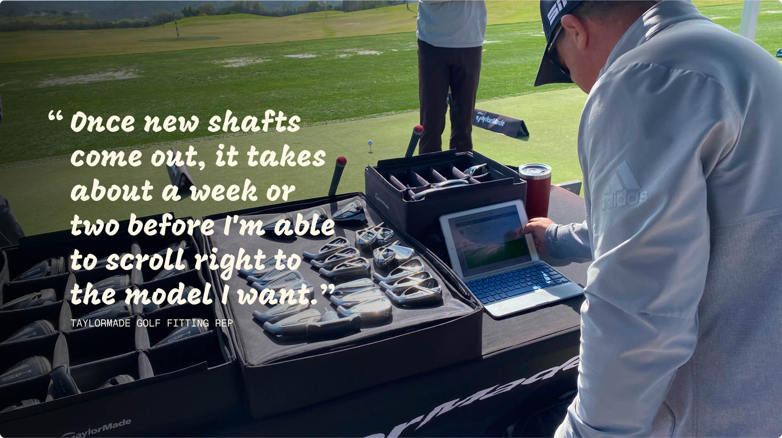 image of a man performing a fitting with a quote from him overlaid on the image