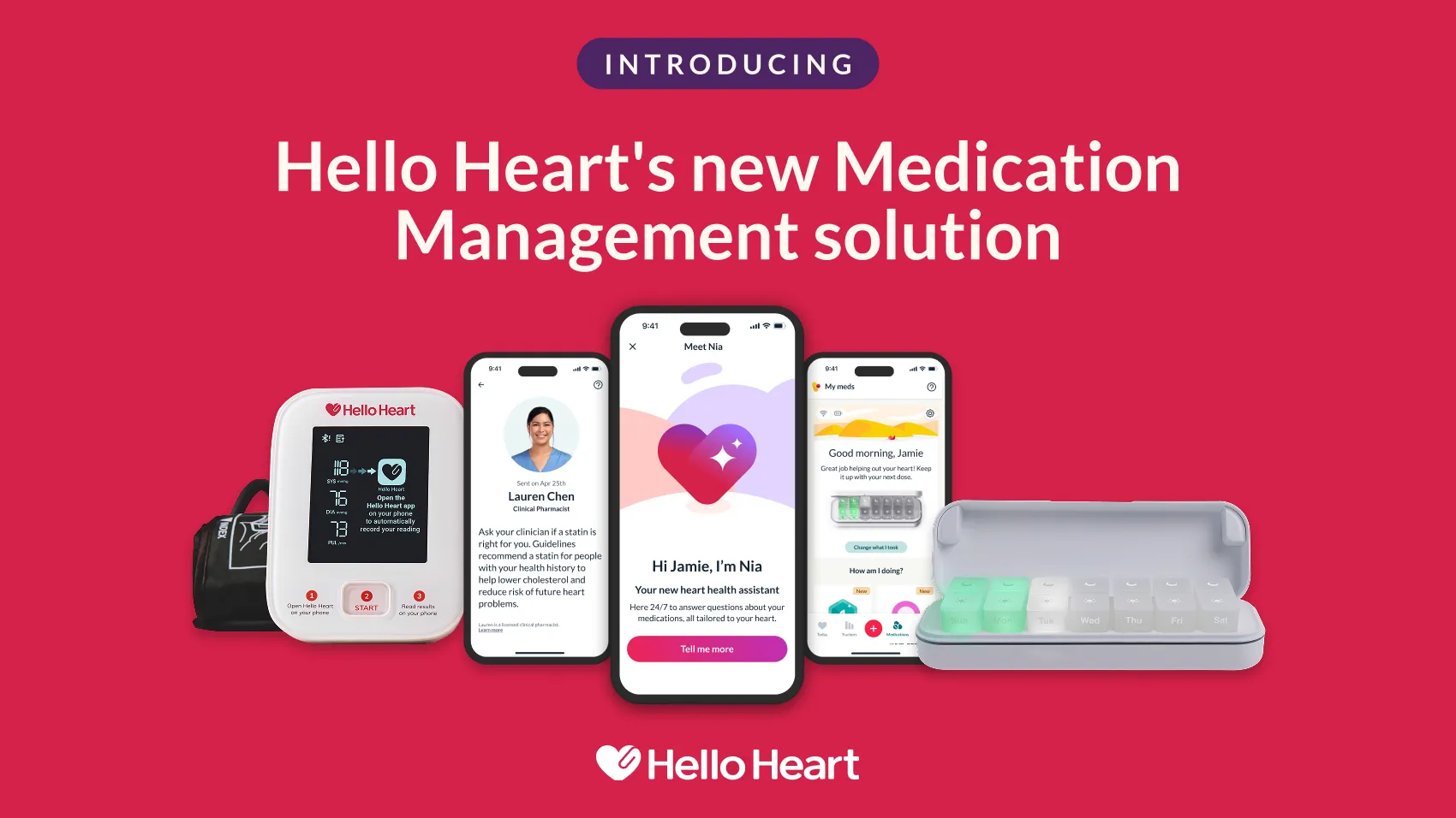 Hello Heart medication management devices and app screens on a red background with product introduction text.