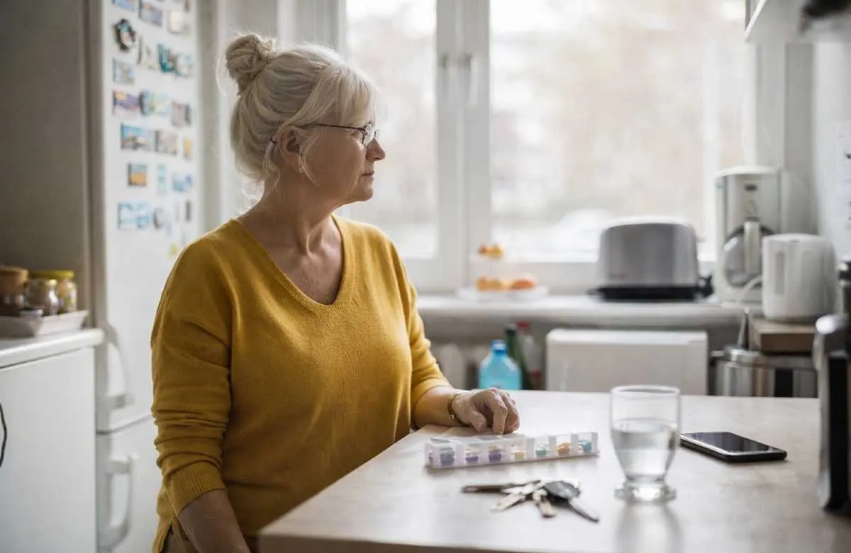 Older woman in yellow sweater sitting at kitchen table with pill organizer, glass of water, and smartphone.