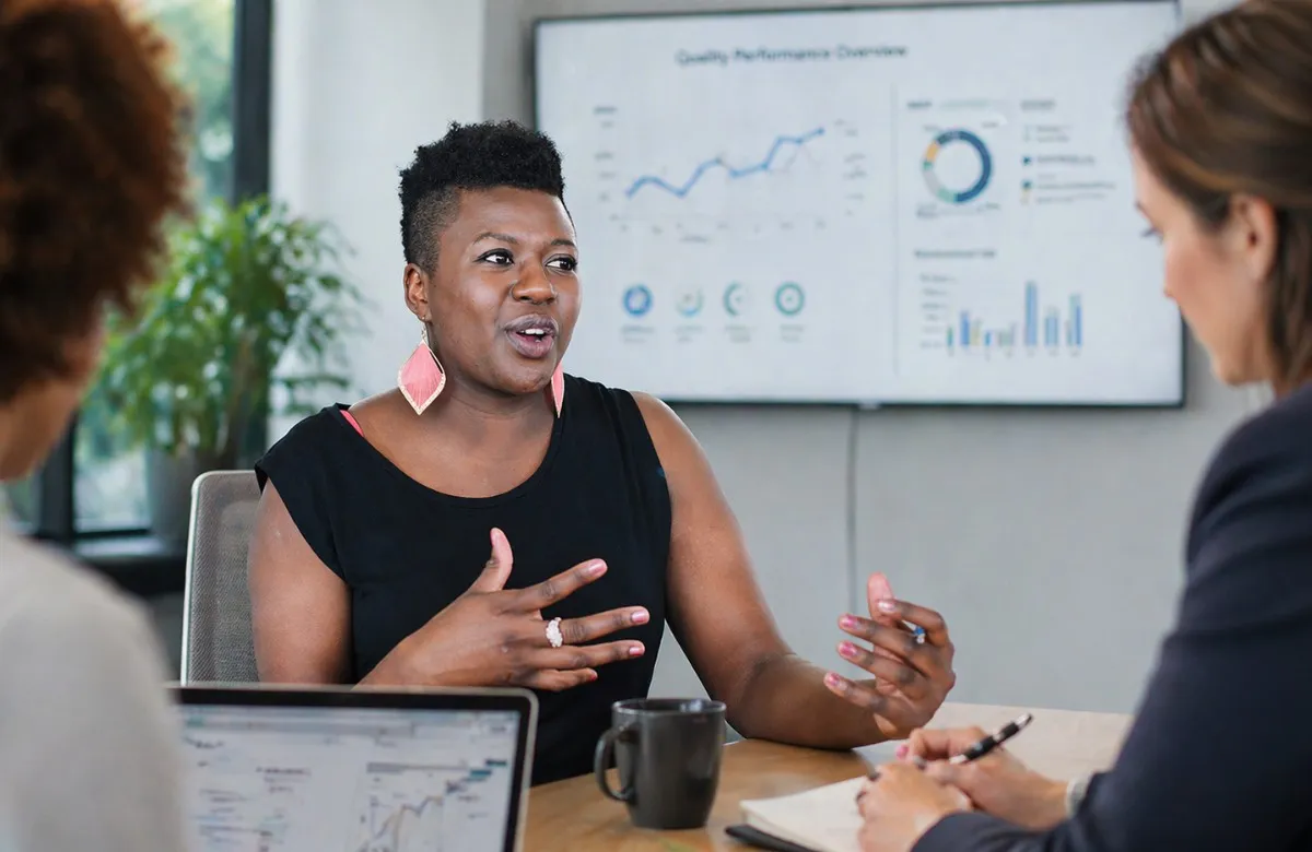Woman in black top speaking to colleagues during a meeting with charts displayed on a screen behind them.
