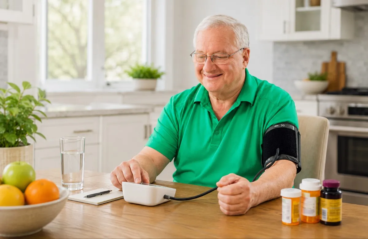Elderly man in green shirt checking blood pressure at home with monitor and medication bottles nearby.