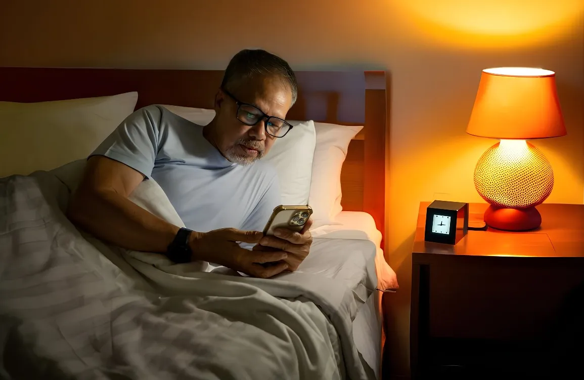 Man in glasses lying in bed using smartphone at night beside lit bedside lamp and clock.
