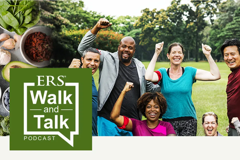 Group of six adults outdoors smiling and raising fists, with ERS Walk and Talk podcast logo overlayed.