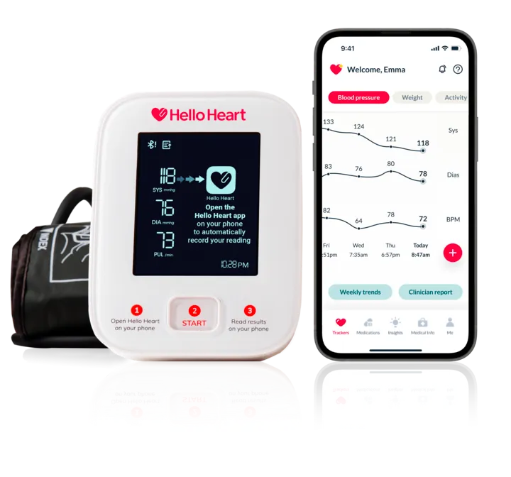 Hello Heart blood pressure monitor device with cuff and phone showing blood pressure tracking app.