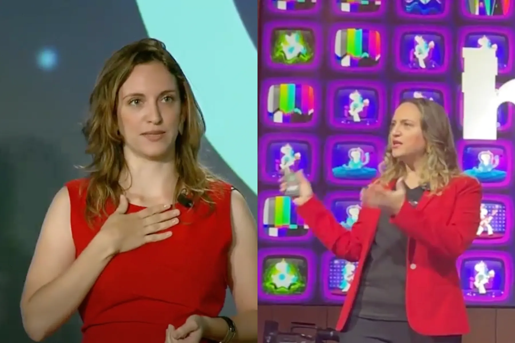 Two women wearing red speaking with animated colorful screens in the background.