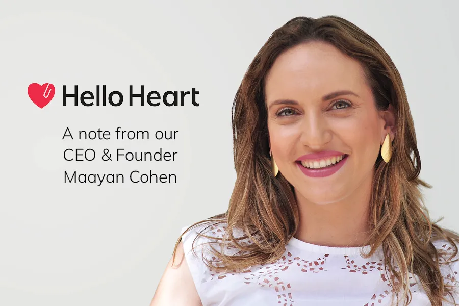 Smiling woman with gold earrings and white top, next to text from Hello Heart's CEO Maayan Cohen.