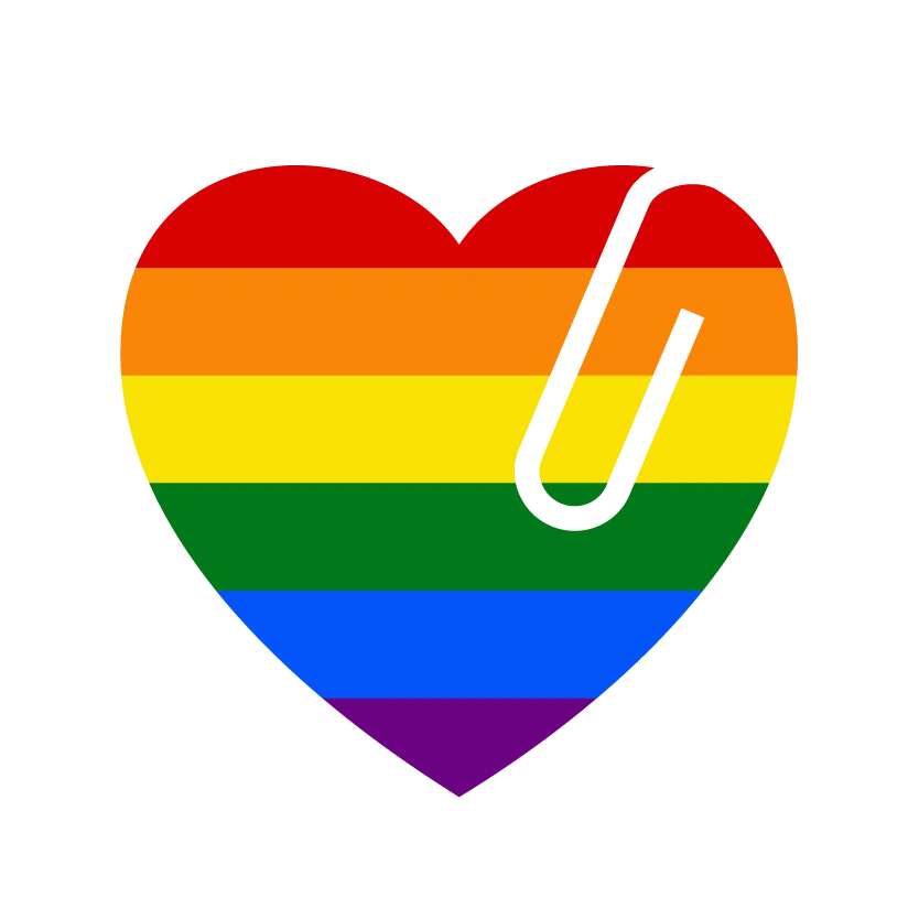 Heart with rainbow stripes symbolizing Pride with a black paperclip on the right side.