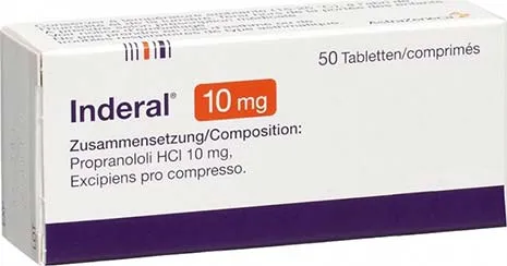 Box of Inderal 10 mg tablets with 50 pills containing propranolol HCl and excipients.