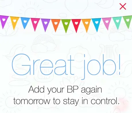 Colorful heart-decorated flags above text praising blood pressure control with a reminder to check again tomorrow.
