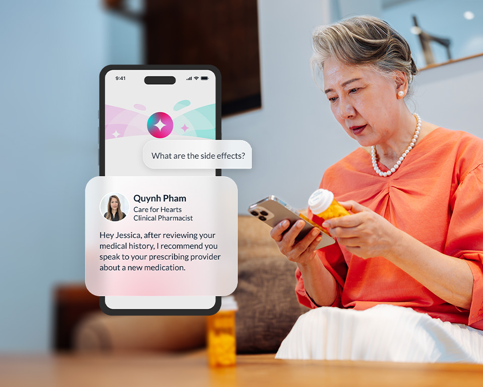 Older woman examining a prescription bottle while reading a medical message on her smartphone.