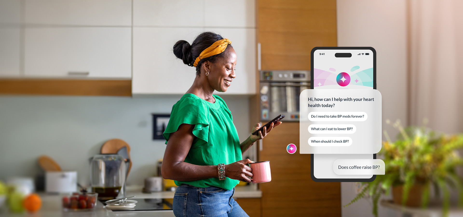 Woman in green top checking phone and holding a pink cup in a kitchen with health chatbot on screen.